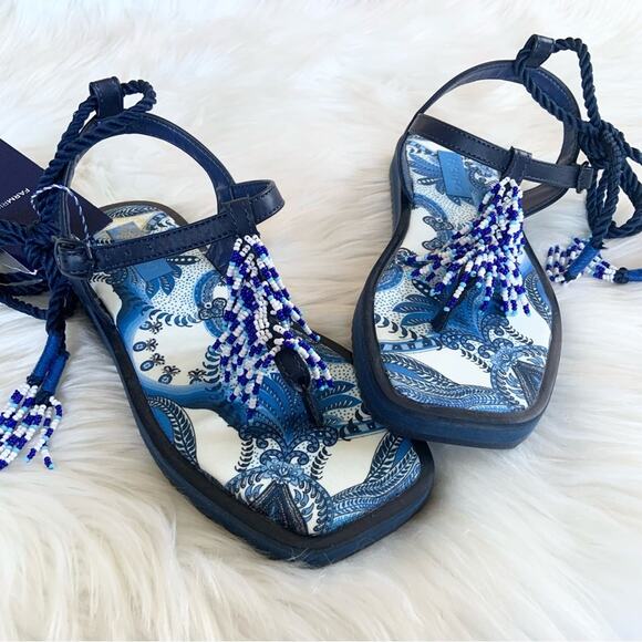 Farm Rio Blue Tile Beaded Lace Up Sandals Size 6 NEW WITHOUT BOX - Picture 2 of 16